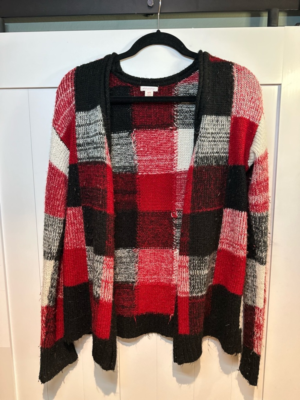Red/Black/Gray/White Plaid Open-Front Cardigan